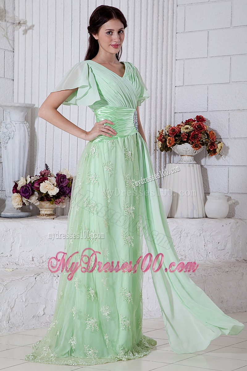 Cute Apple Green Empire V-neck Beading Prom Dresses Brush Train