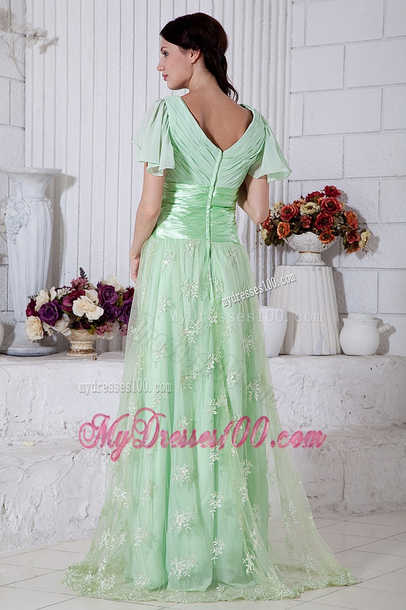 Cute Apple Green Empire V-neck Beading Prom Dresses Brush Train