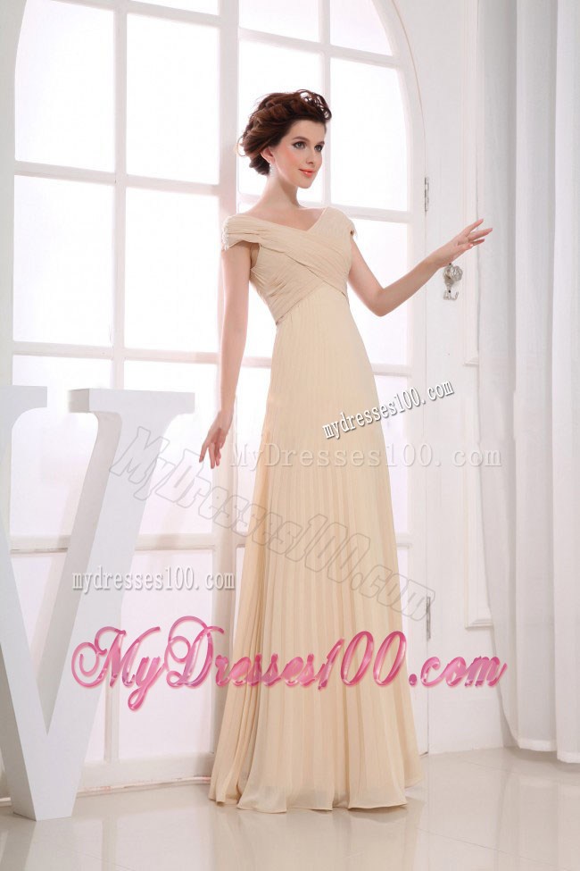V-neck Champagne Long Ruched 2013 Prom Dress For Formal Evening