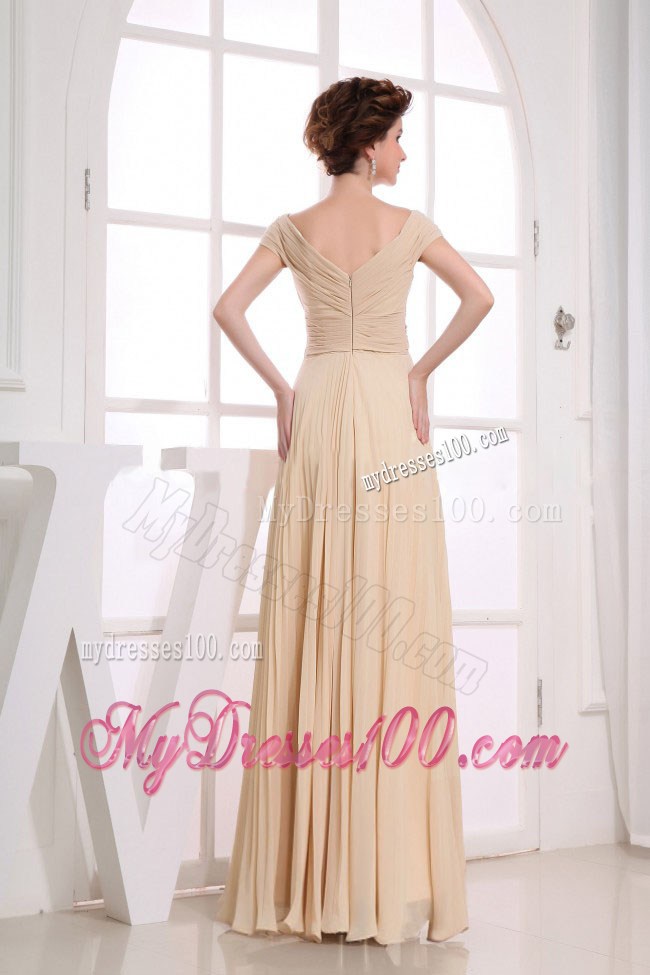 V-neck Champagne Long Ruched 2013 Prom Dress For Formal Evening