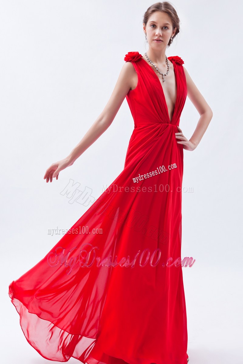 Red Empire V-neck Floor-length Beading 2013 Summer Prom Dresses
