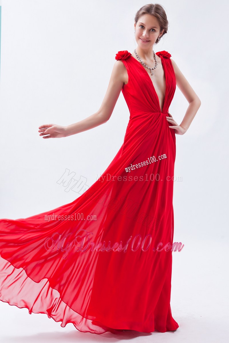 Red Empire V-neck Floor-length Beading 2013 Summer Prom Dresses