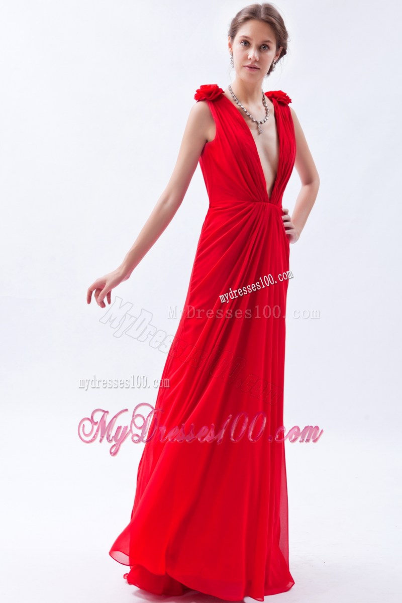 Red Empire V-neck Floor-length Beading 2013 Summer Prom Dresses