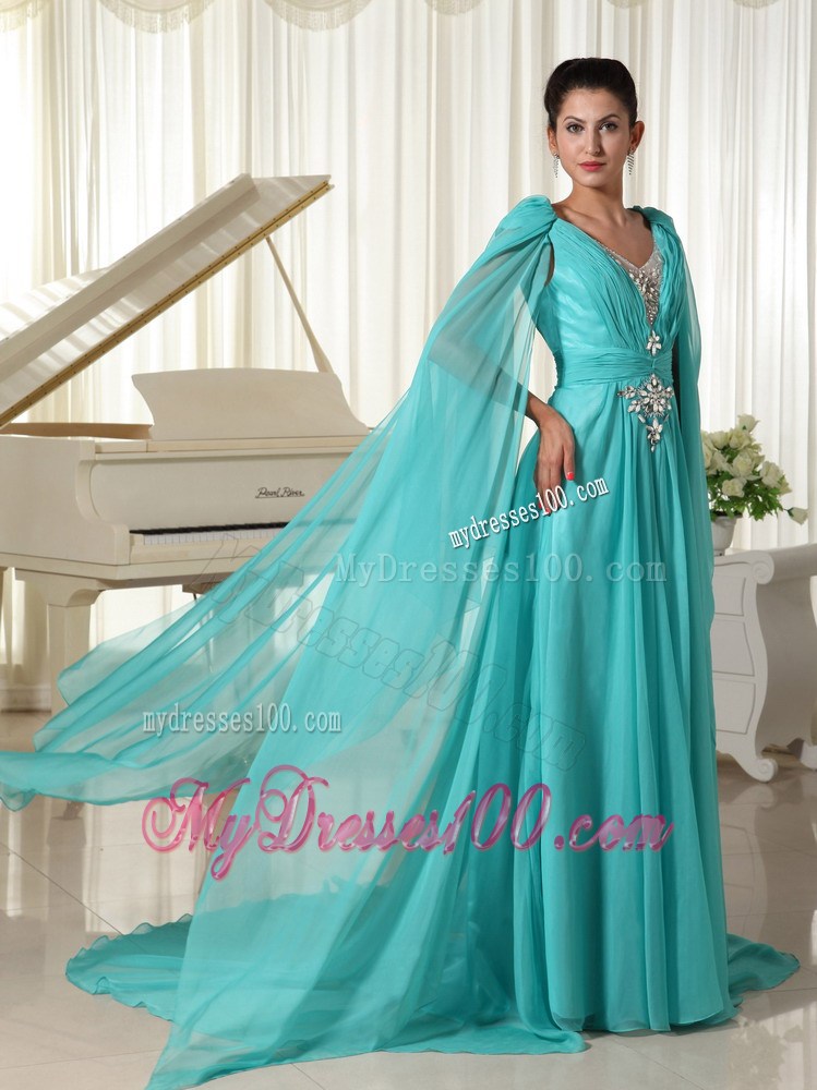 Long Sleeves Turquoise Empire Wonderful Beading Prom Dresses
