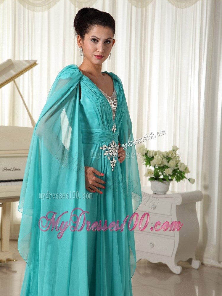 Long Sleeves Turquoise Empire Wonderful Beading Prom Dresses