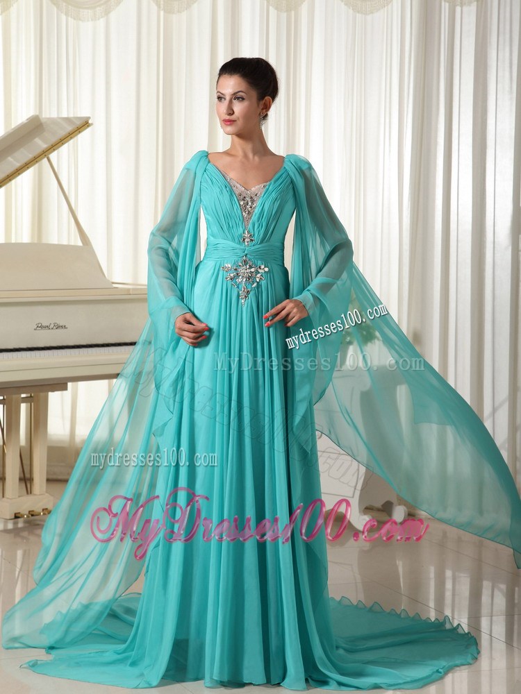 Long Sleeves Turquoise Empire Wonderful Beading Prom Dresses