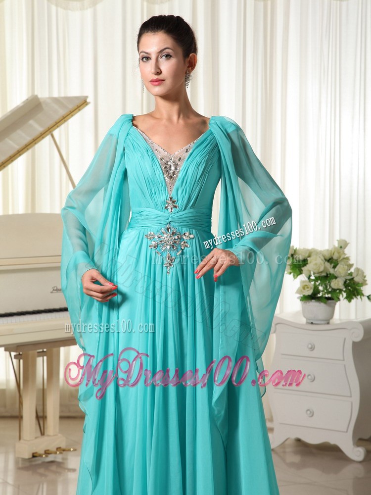 Long Sleeves Turquoise Empire Wonderful Beading Prom Dresses