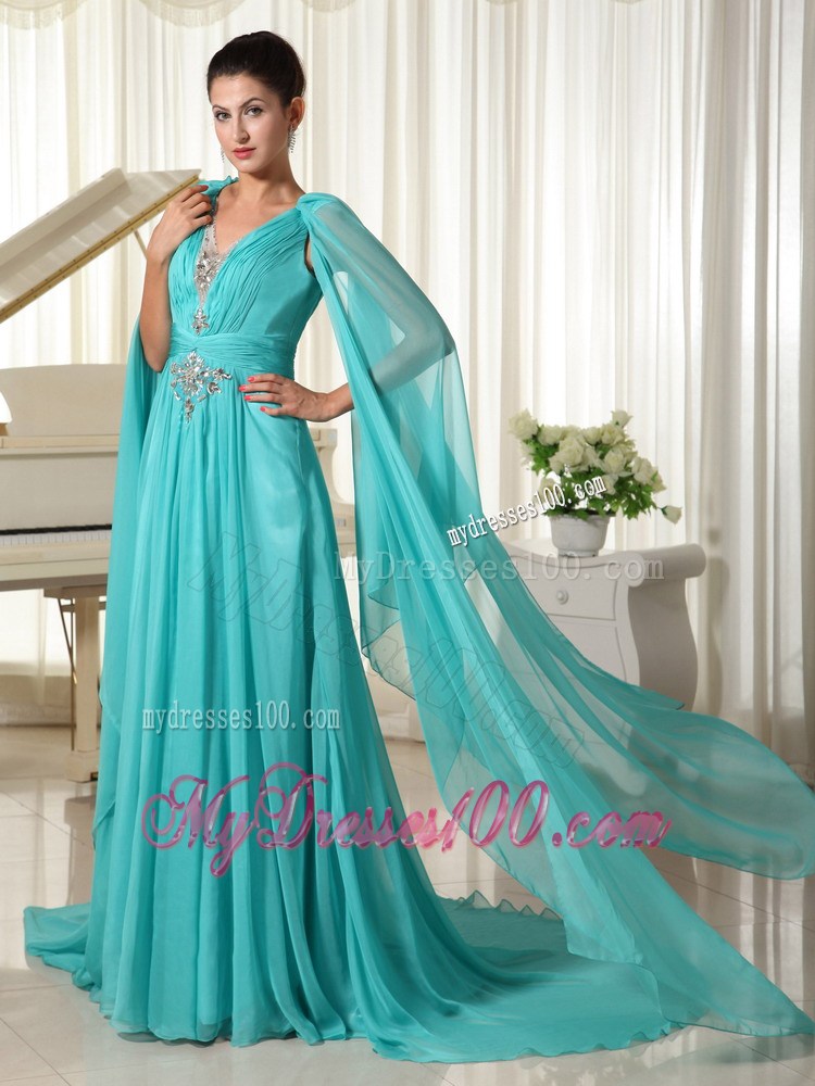 Long Sleeves Turquoise Empire Wonderful Beading Prom Dresses