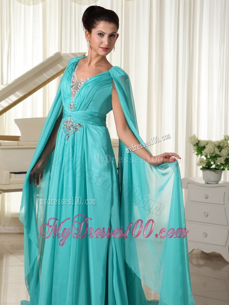 Long Sleeves Turquoise Empire Wonderful Beading Prom Dresses