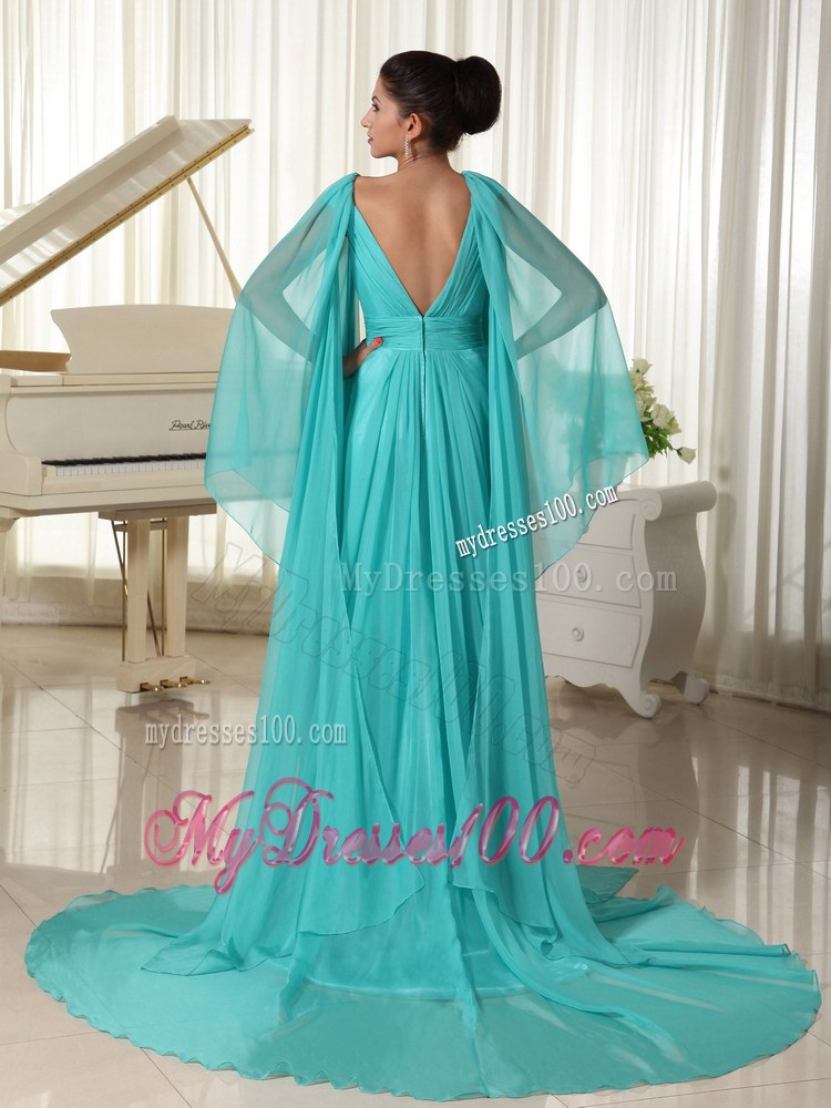 Long Sleeves Turquoise Empire Wonderful Beading Prom Dresses