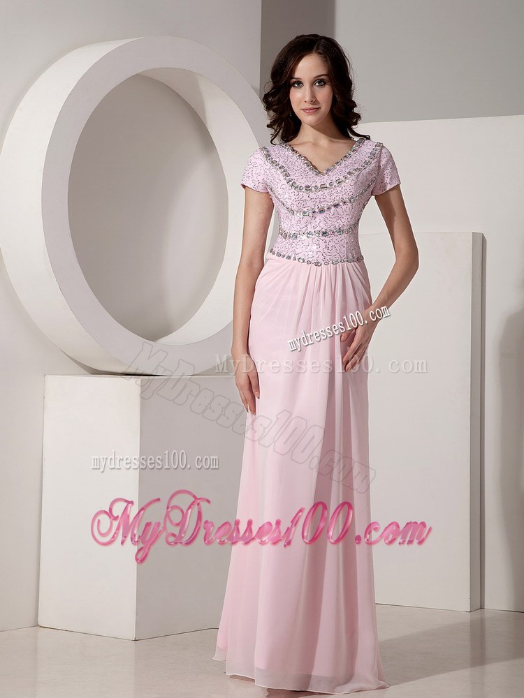 Simple Baby Pink Empire V-neck Prom Dress Beading Floor-length