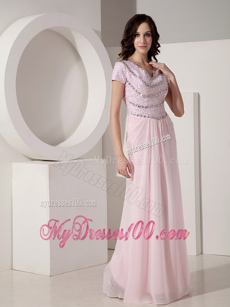Simple Baby Pink Empire V-neck Prom Dress Beading Floor-length