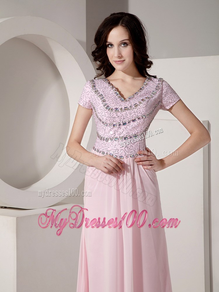 Simple Baby Pink Empire V-neck Prom Dress Beading Floor-length