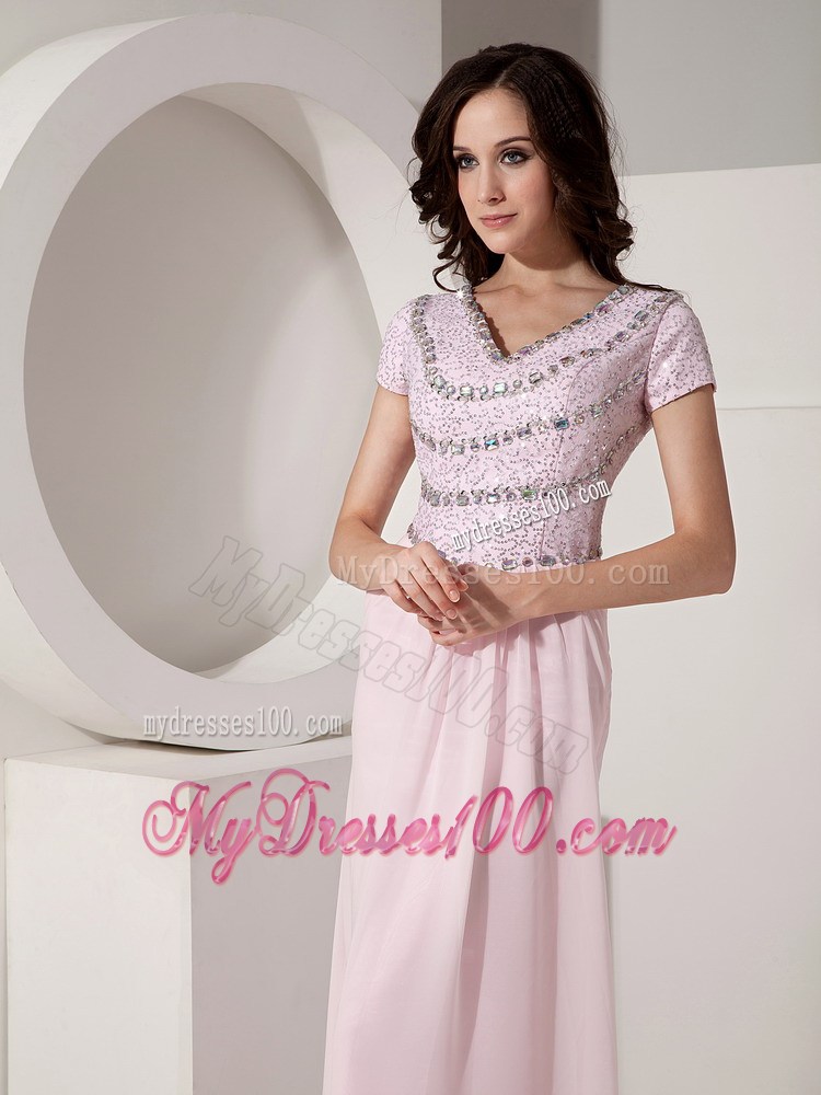 Simple Baby Pink Empire V-neck Prom Dress Beading Floor-length