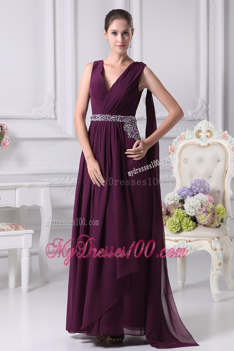 V-neck Watteau Train Dark Purple Empire Prom Dress