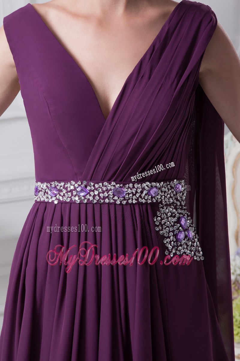 V-neck Watteau Train Dark Purple Empire Prom Dress