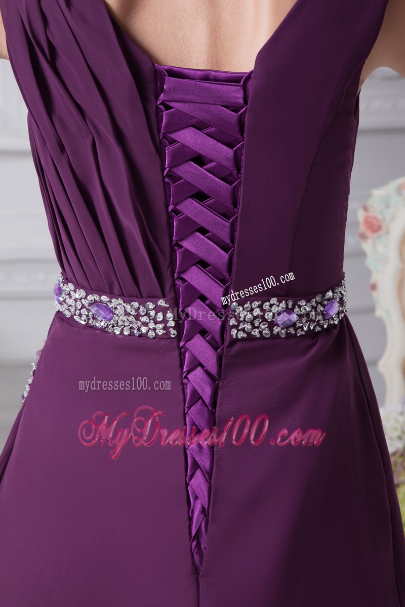 V-neck Watteau Train Dark Purple Empire Prom Dress