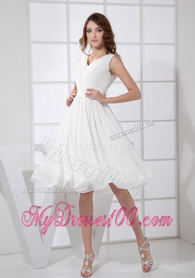 Elegant V-neck White Knee-length Empire 2013 Summer Prom Dresses