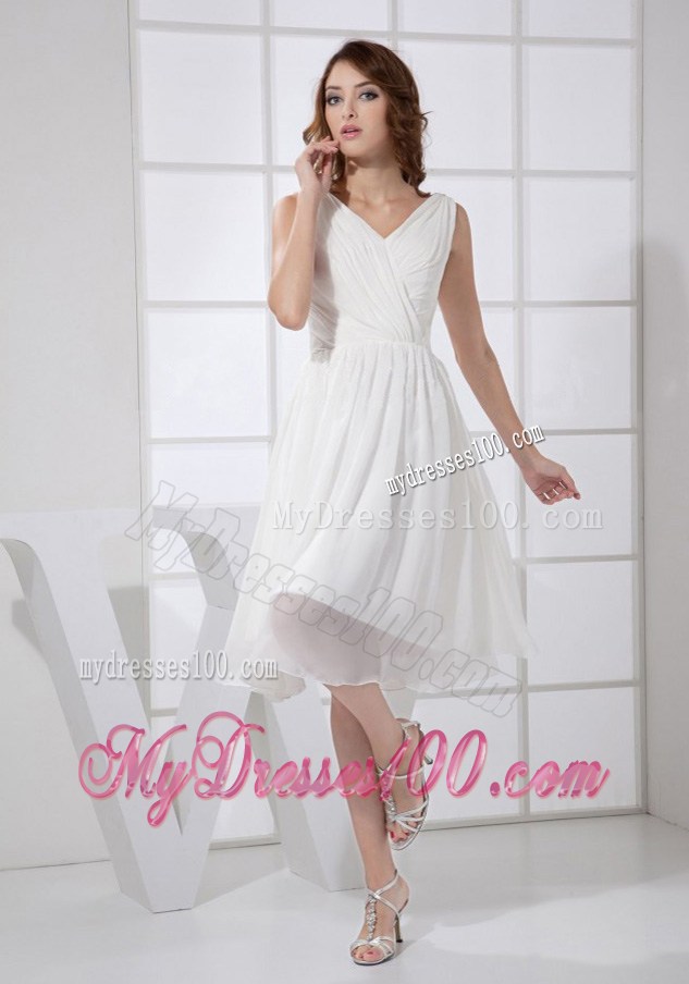 Elegant V-neck White Knee-length Empire 2013 Summer Prom Dresses