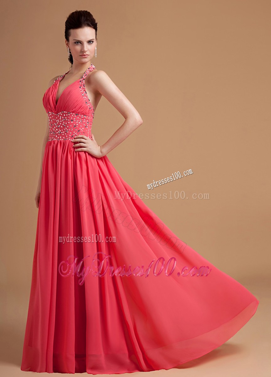 Beautiful Column Watermelon Prom Evening Dress With Beaded Halter