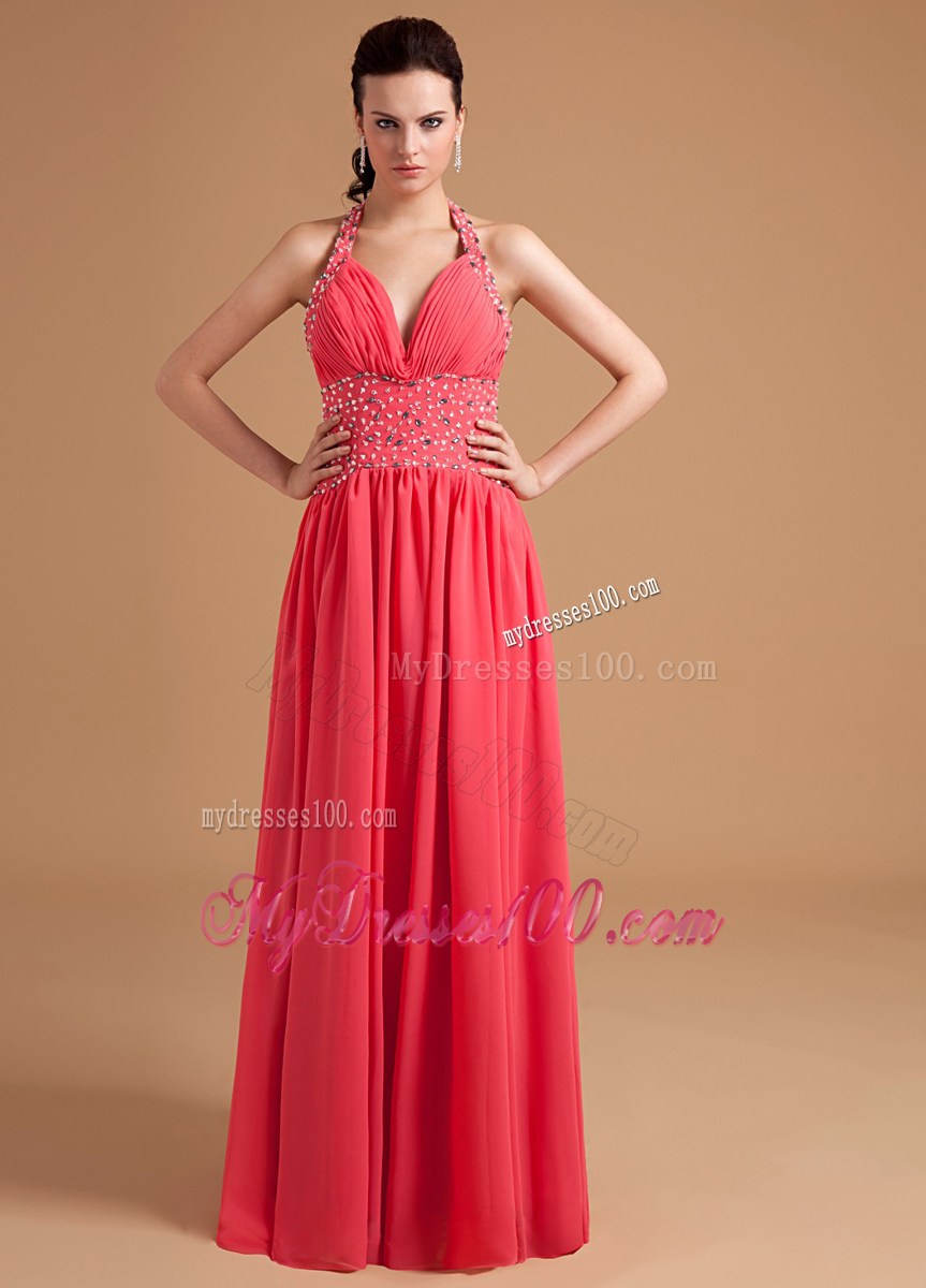 Beautiful Column Watermelon Prom Evening Dress With Beaded Halter