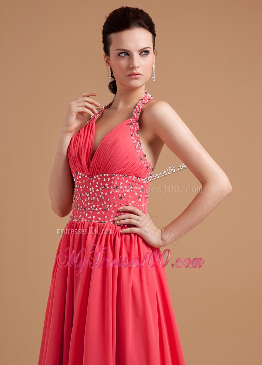 Beautiful Column Watermelon Prom Evening Dress With Beaded Halter