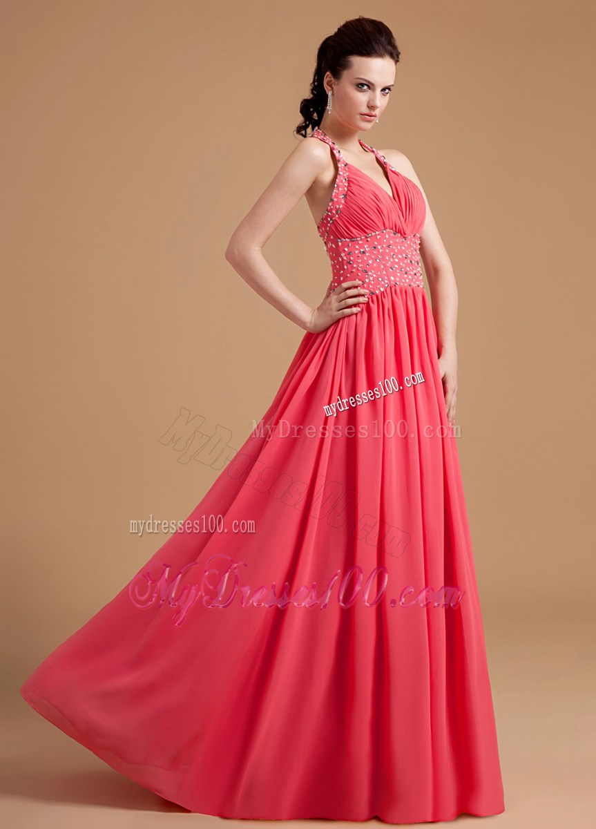 Beautiful Column Watermelon Prom Evening Dress With Beaded Halter