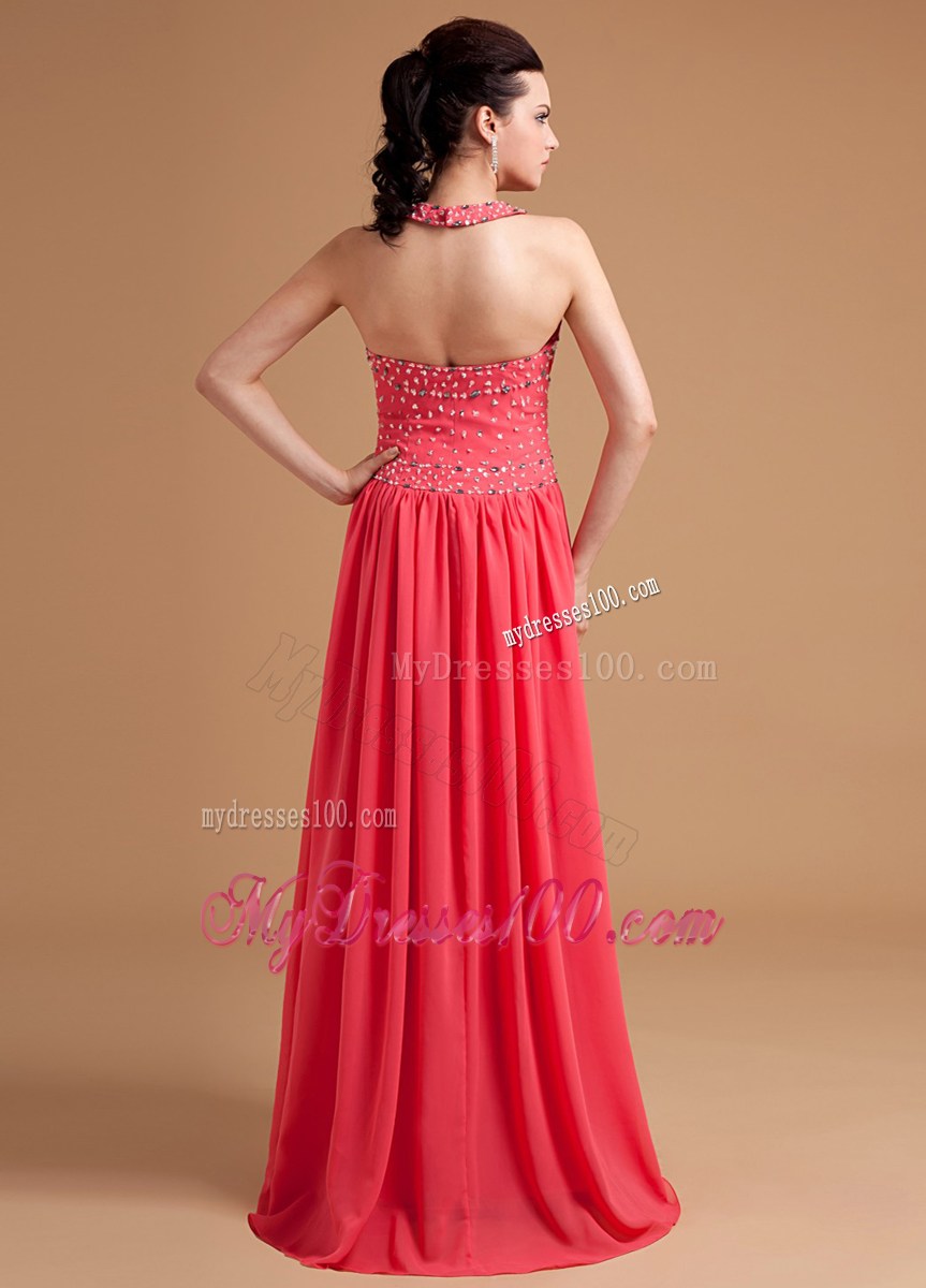 Beautiful Column Watermelon Prom Evening Dress With Beaded Halter