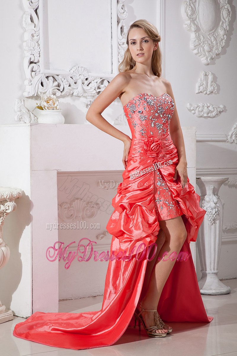 Watermelon Red Column Sweetheart High-low Beading Prom Dresses