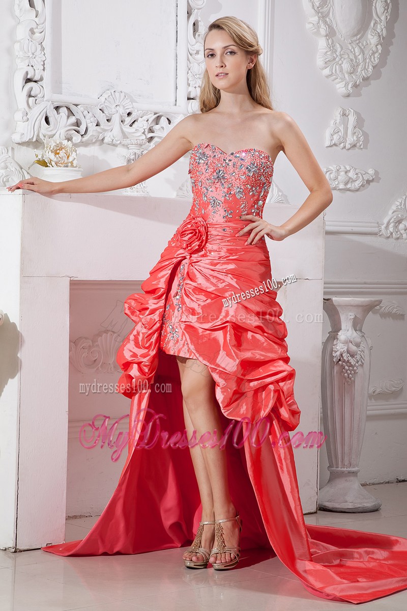 Watermelon Red Column Sweetheart High-low Beading Prom Dresses
