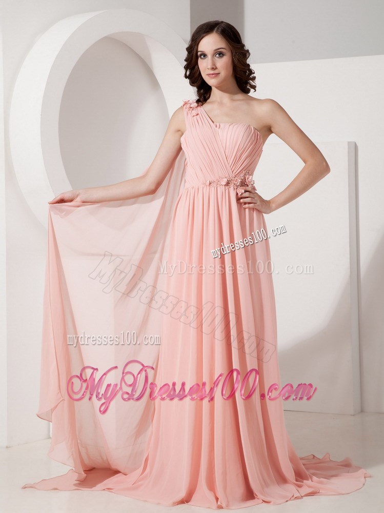 Baby Pink Empire Prom Dress One Shoulder Appliques Watteau Train