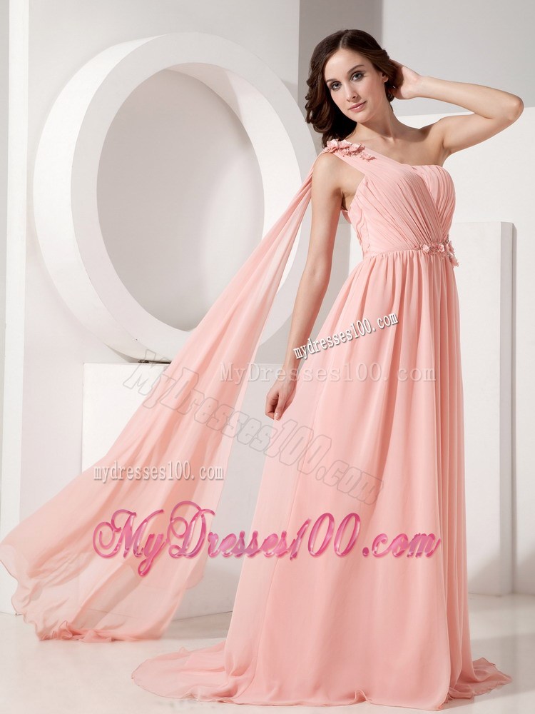Baby Pink Empire Prom Dress One Shoulder Appliques Watteau Train