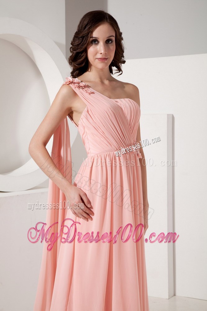 Baby Pink Empire Prom Dress One Shoulder Appliques Watteau Train