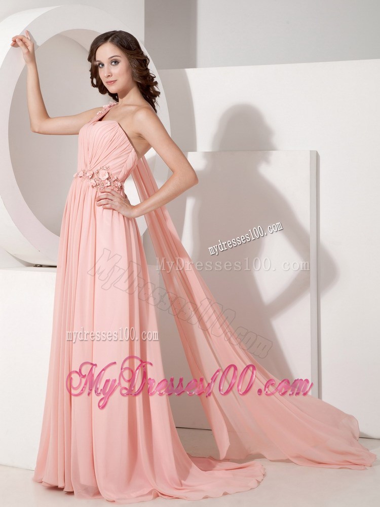 Baby Pink Empire Prom Dress One Shoulder Appliques Watteau Train