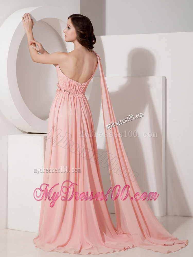 Baby Pink Empire Prom Dress One Shoulder Appliques Watteau Train