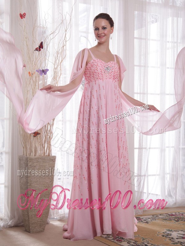 Pink Empire Straps Watteau Train Beading and Sequins Prom Dresses