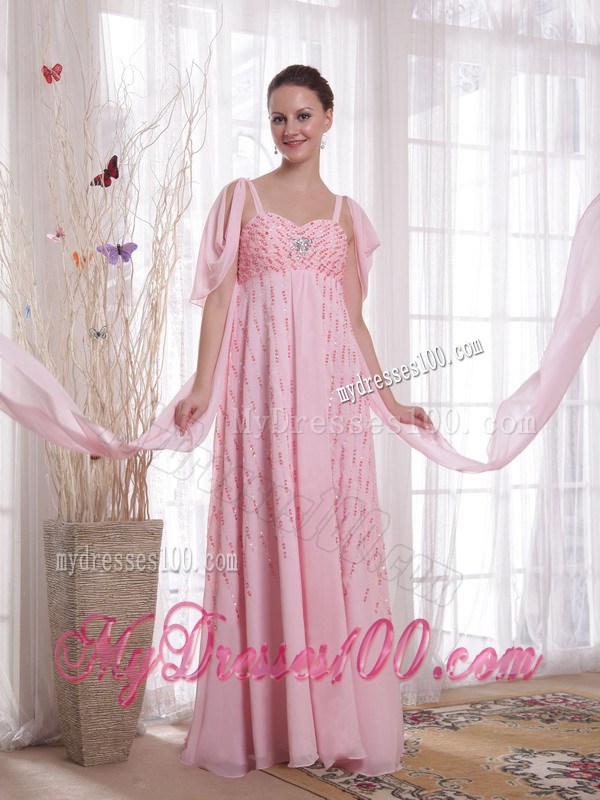 Pink Empire Straps Watteau Train Beading and Sequins Prom Dresses