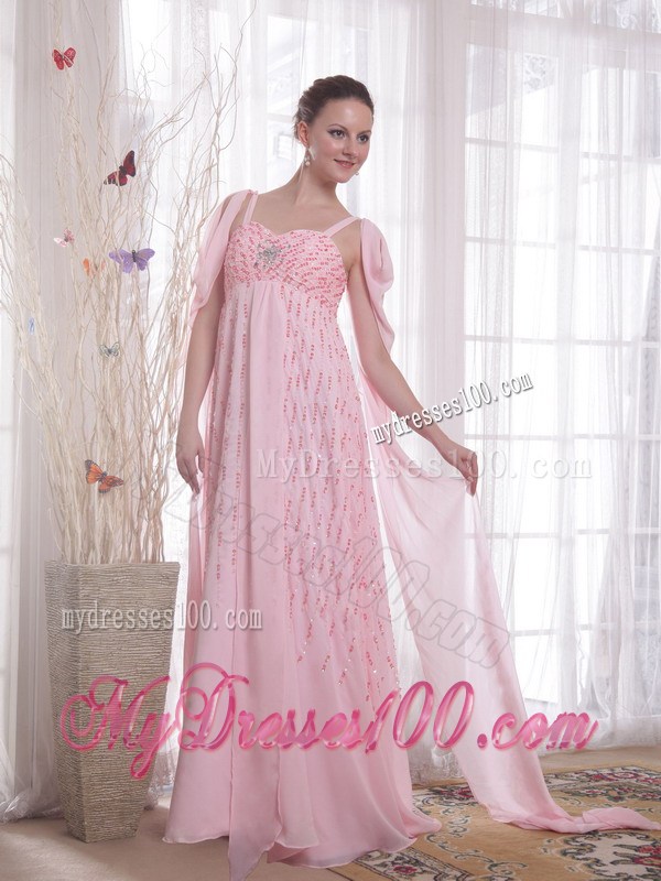 Pink Empire Straps Watteau Train Beading and Sequins Prom Dresses