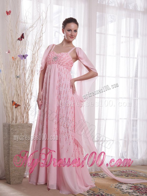 Pink Empire Straps Watteau Train Beading and Sequins Prom Dresses
