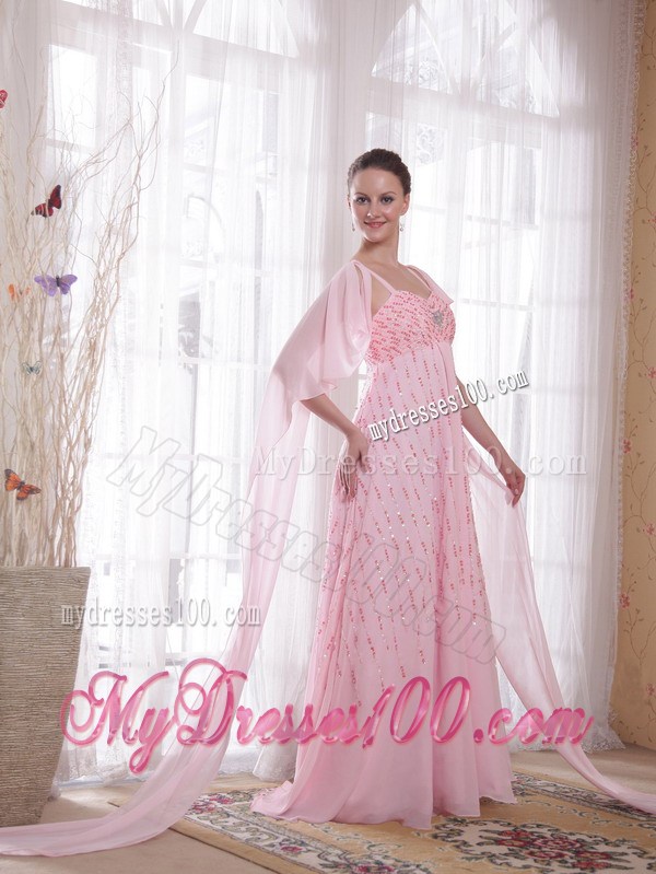 Pink Empire Straps Watteau Train Beading and Sequins Prom Dresses