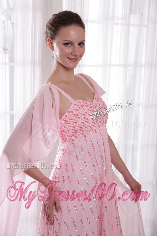 Pink Empire Straps Watteau Train Beading and Sequins Prom Dresses