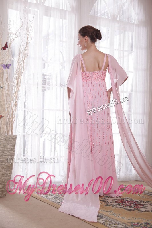 Pink Empire Straps Watteau Train Beading and Sequins Prom Dresses