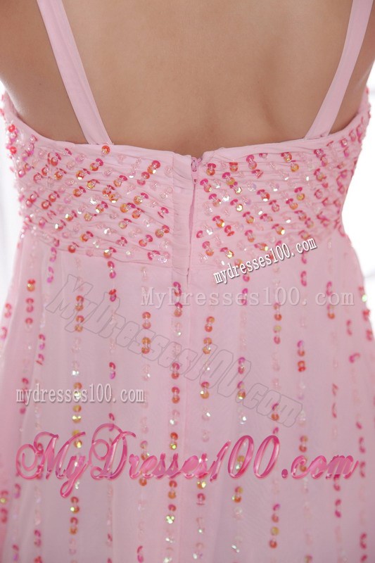Pink Empire Straps Watteau Train Beading and Sequins Prom Dresses