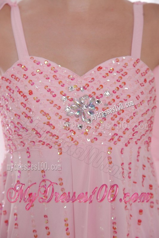 Pink Empire Straps Watteau Train Beading and Sequins Prom Dresses