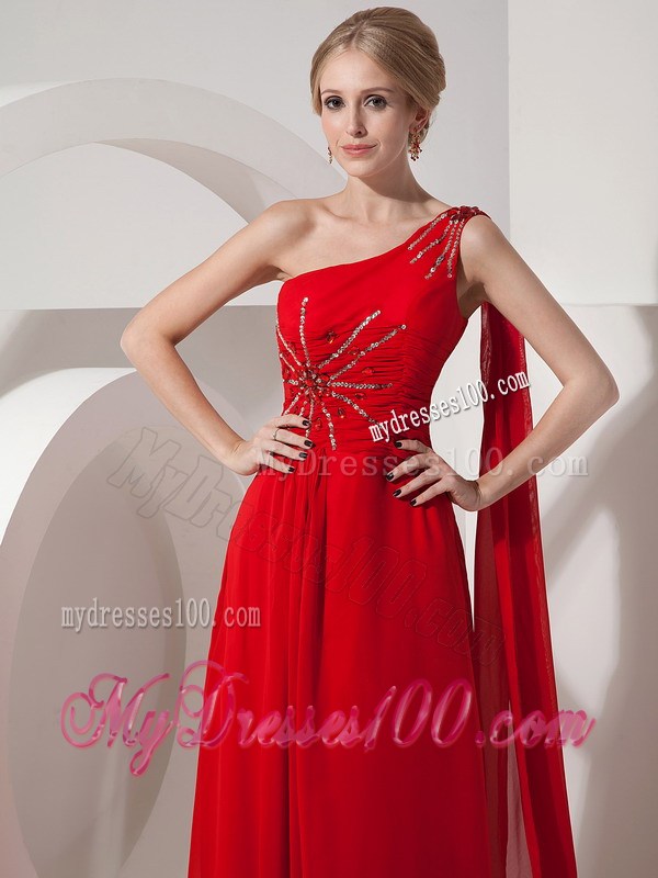 Pretty Red Prom Dress Empire One Shoulder Beading Watteau Train