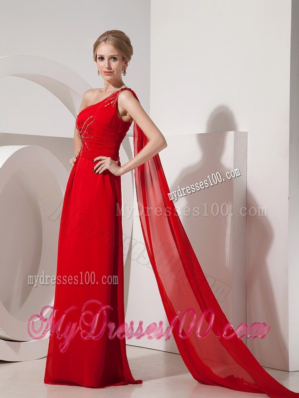 Pretty Red Prom Dress Empire One Shoulder Beading Watteau Train