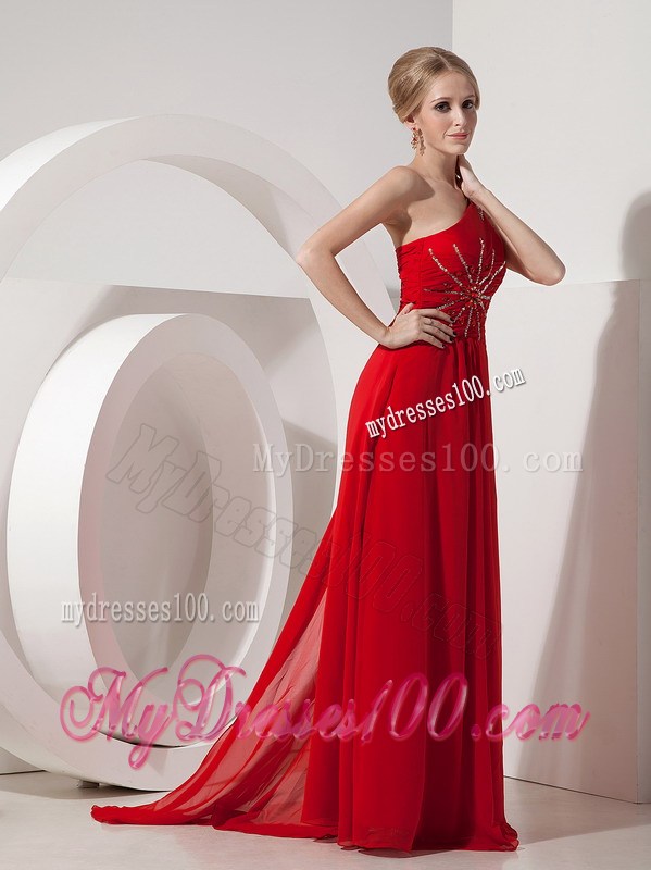 Pretty Red Prom Dress Empire One Shoulder Beading Watteau Train