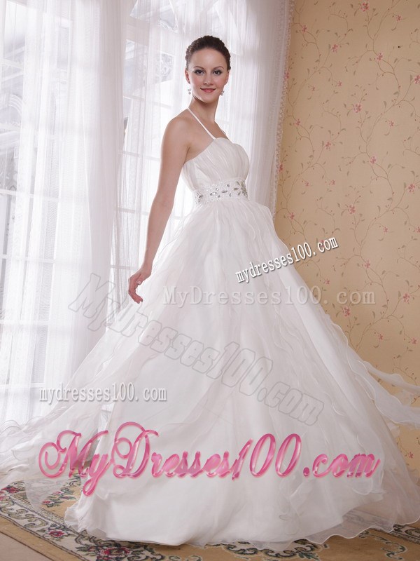Elegant White Princess Halter Brush Train Rhinestones Prom Dresses