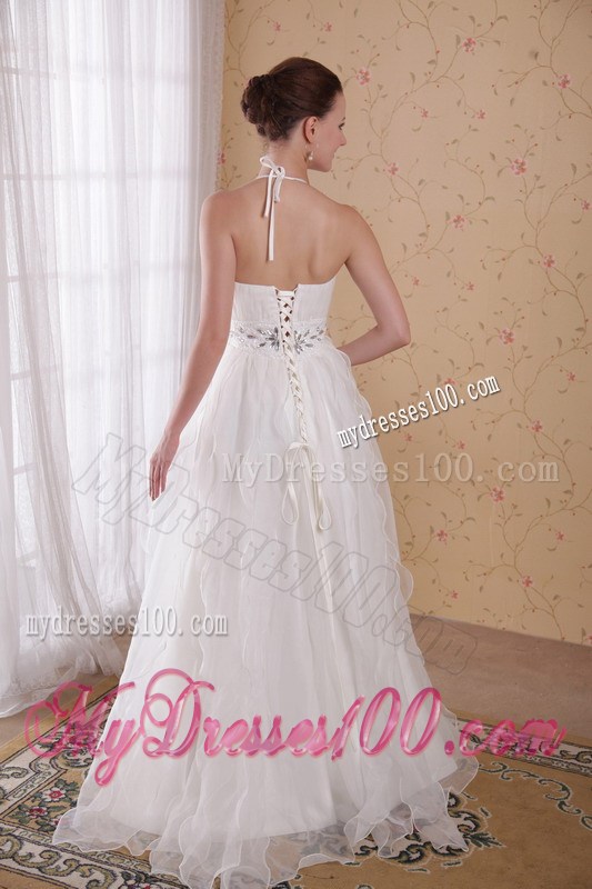Elegant White Princess Halter Brush Train Rhinestones Prom Dresses