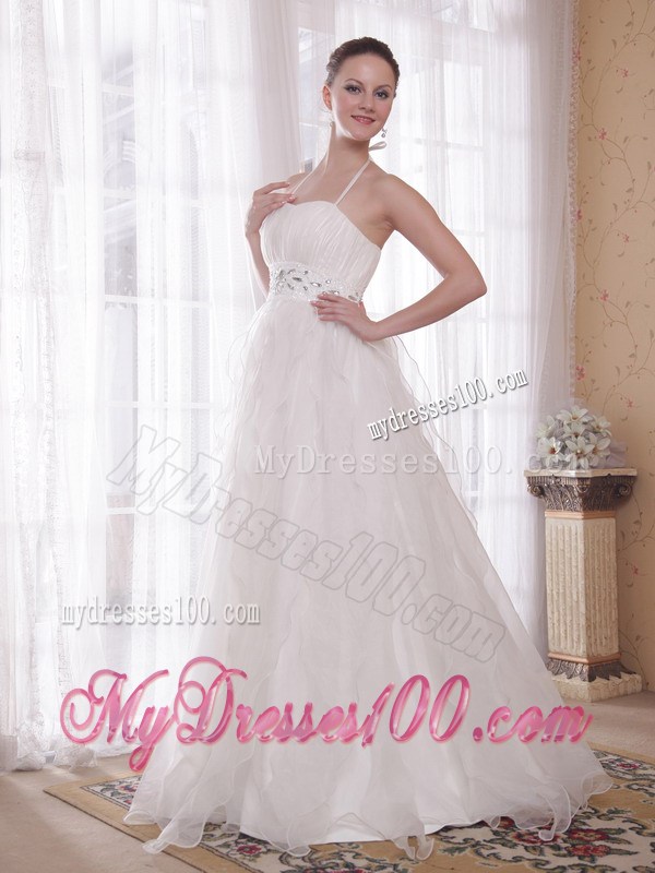 Elegant White Princess Halter Brush Train Rhinestones Prom Dresses
